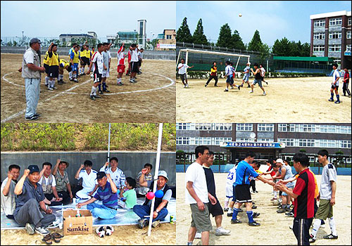 인사하고, 공차고, 악수하고, 그늘에 쉬고.(왼쪽 위부터 시계방향) 이날 체육대회는 평택공설운동장 보조 경기장 한 곳으로는 경기장이 모자라 가까운 합정초등학교 운동장까지 빌려야 했다. 